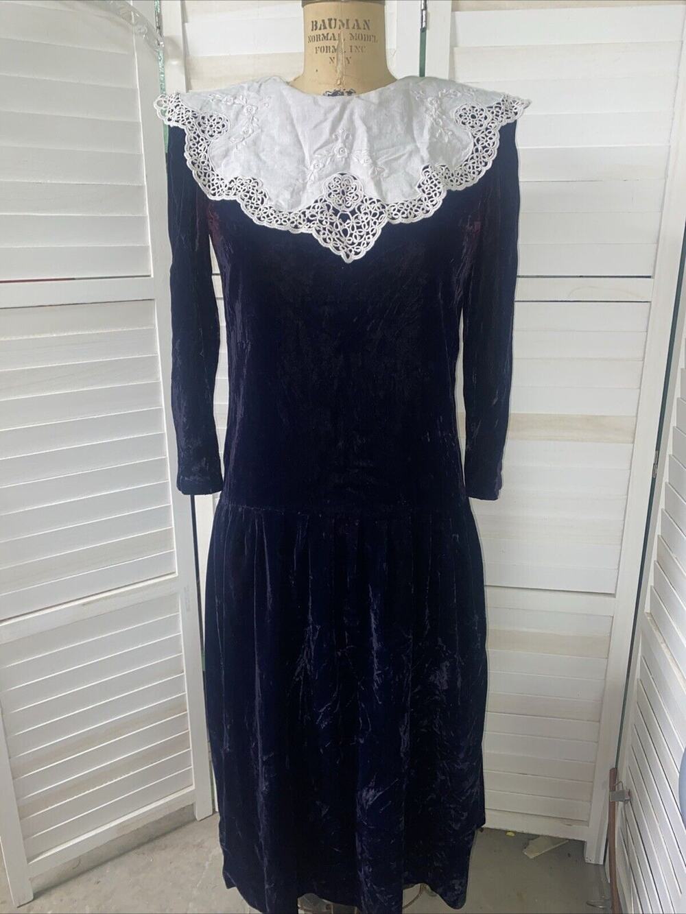 Vintage 80s Nancy Johnson Navy Blue Crushed Velvet Formal Cocktail Dress Sz Sm